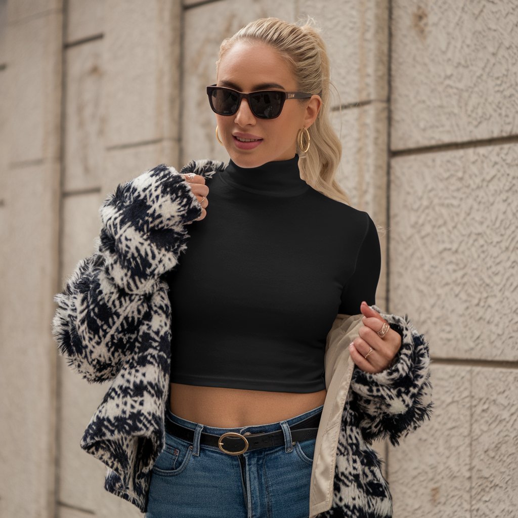 "Black Cropped Turtleneck Top for Women - Stylish & Comfortable"