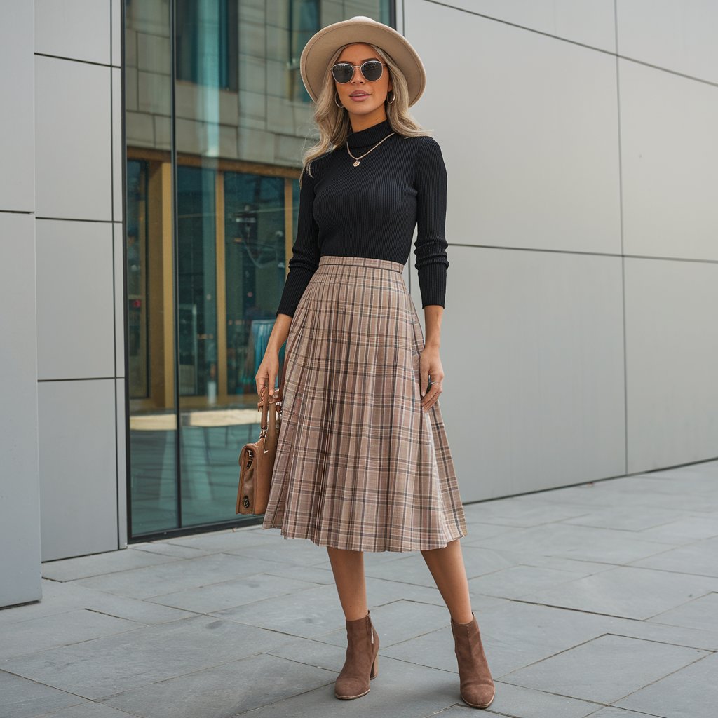 plaid pleated midi skirt for women