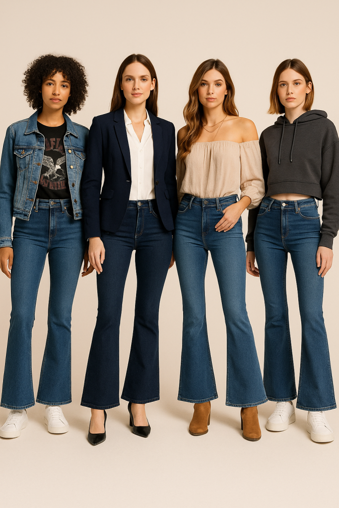 "Four fashionable young women wearing flare jean outfits, styled with denim jackets, crop tops, and accessories in a modern urban night setting."